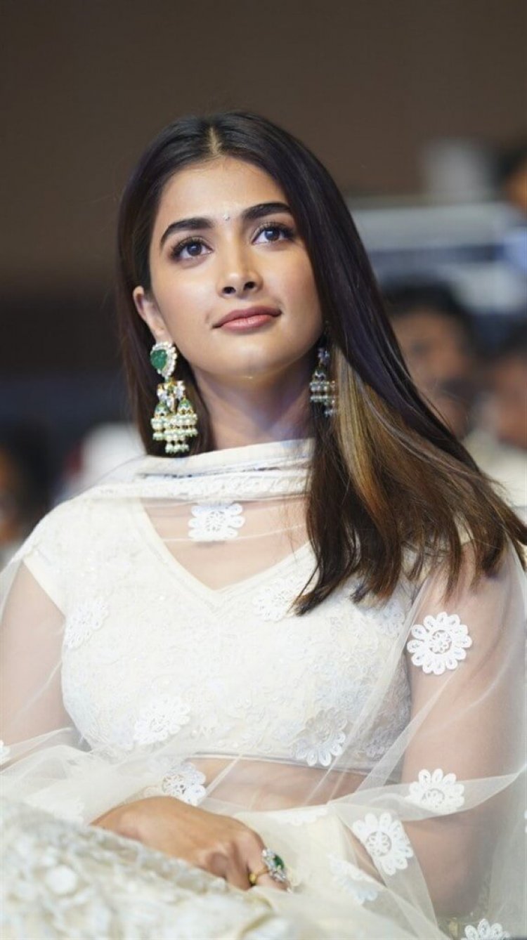 Hot Celebrity Pooja Hegde In Transparent White Dress At Pre-Release Event